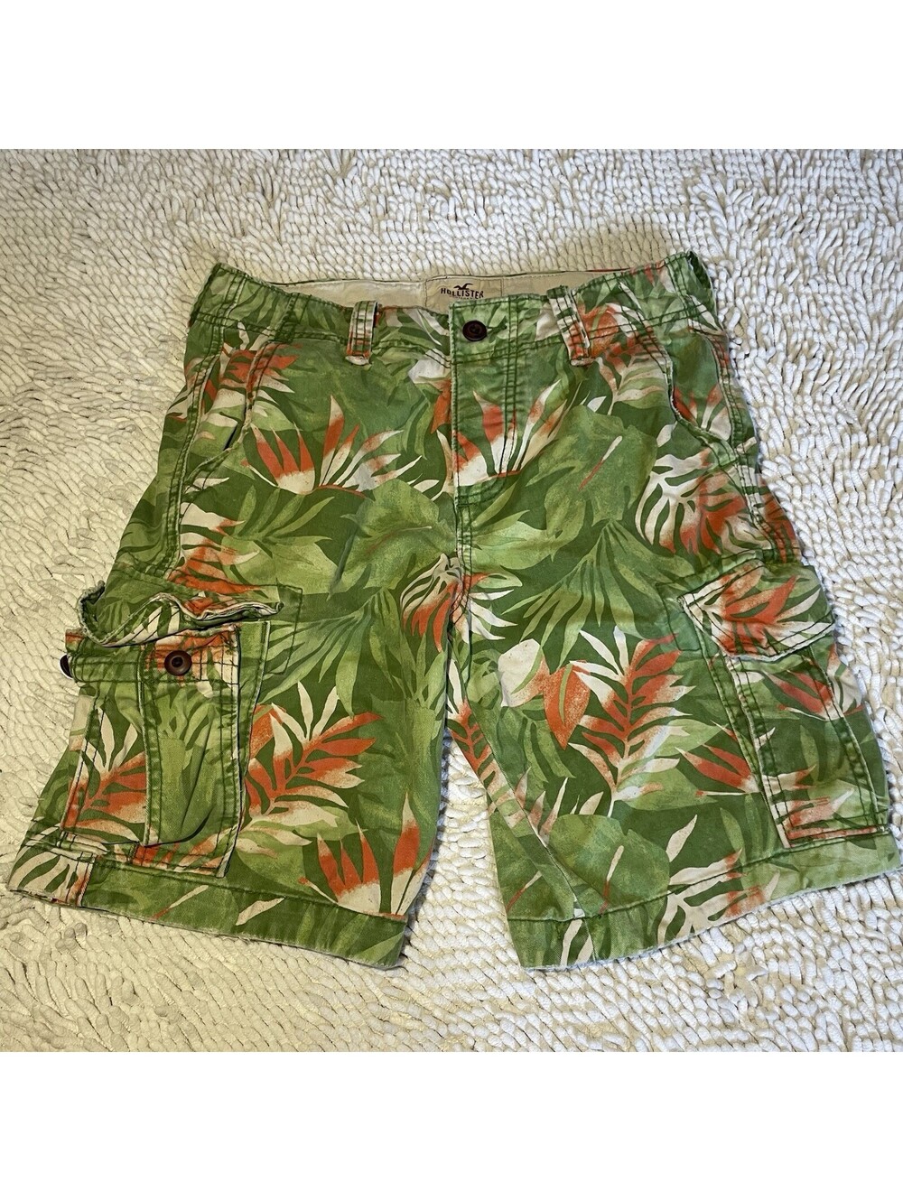 Y2K Hollister Shorts Green Hawaiian Print Floral Palm Button Fly Cotton Men’s 30